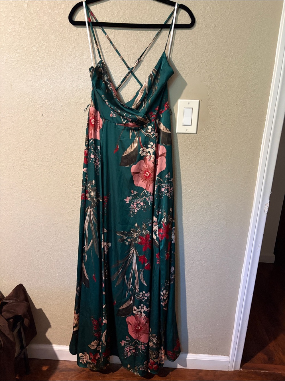 Lulu's Teal Floral Cowl Maxi Dress with Crisscross Straps